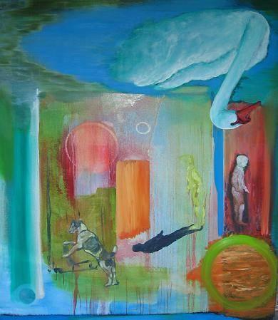 Groot surrealistisch schilderij Richard Brouwer, Antiek en Kunst, Kunst | Schilderijen | Modern, Ophalen of Verzenden