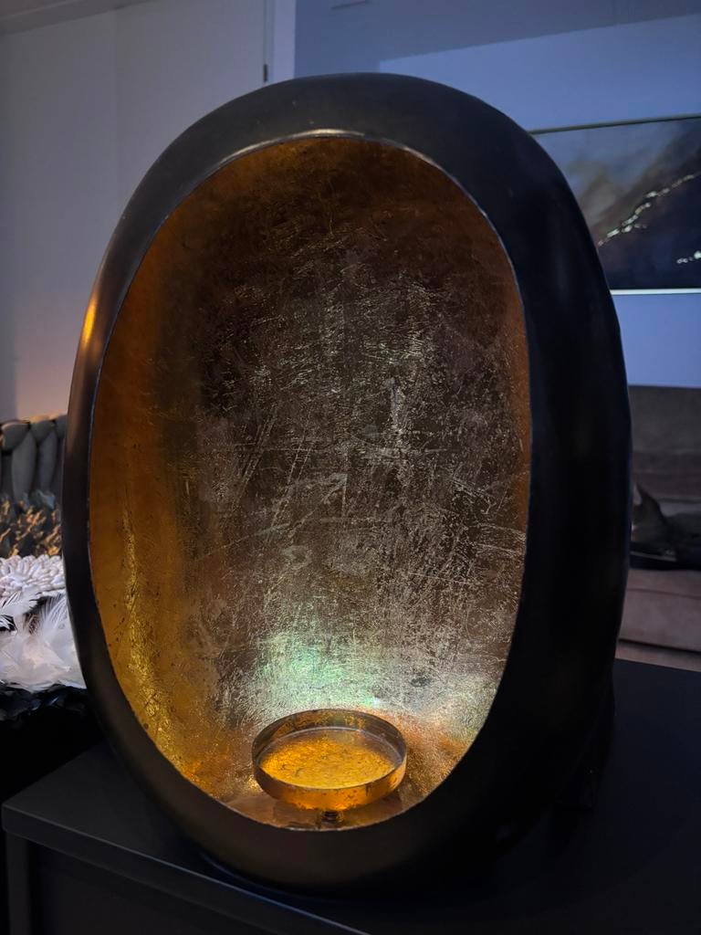 Egg windlicht zwart/goud Large, Huis en Inrichting, Woonaccessoires | Kandelaars en Kaarsen, Ophalen, 25 tot 50 cm, Zwart, Zo goed als nieuw