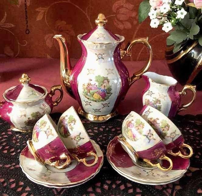Oud mokka servies / theeservies set porselein barok, Ophalen of Verzenden