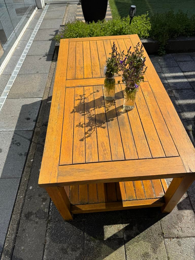 Houten Tuintafel 120x60x48 cm met opbergplank, Tuin en Terras, Ophalen of Verzenden, Gebruikt, Rechthoekig, Hout