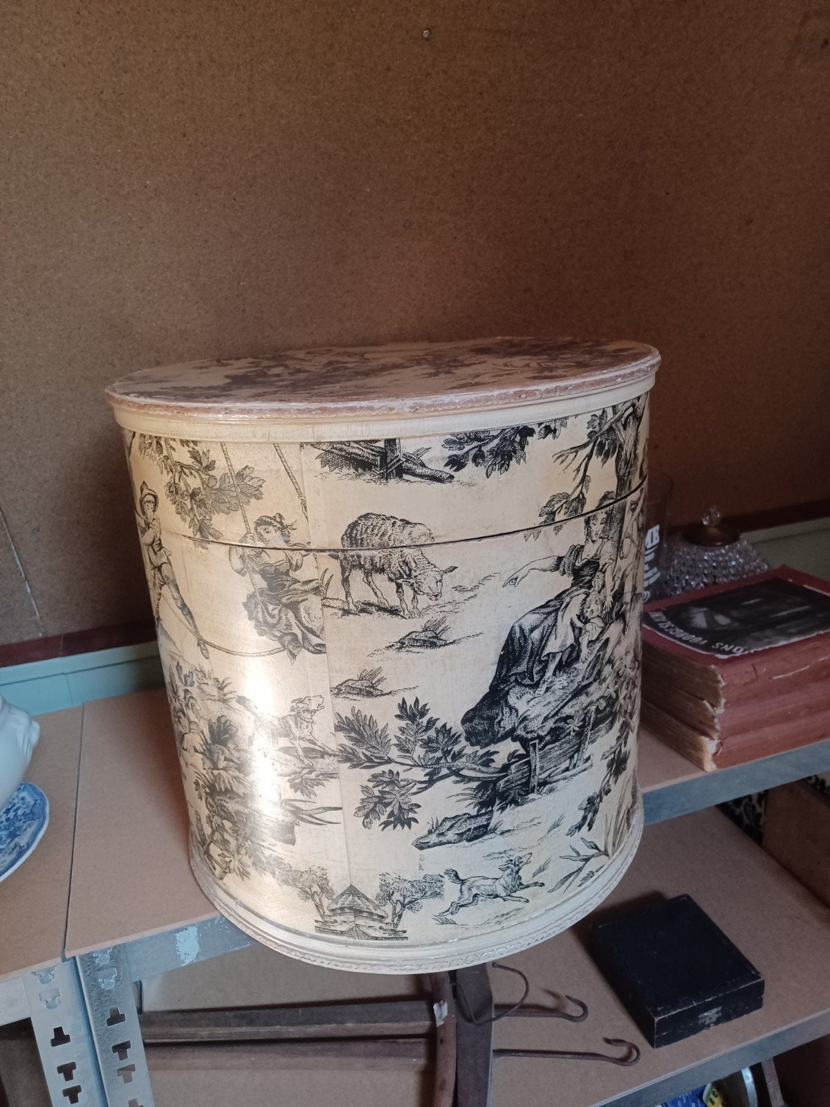 Brocante toile de jouy houten hoedendoos 40 cm, Ophalen
