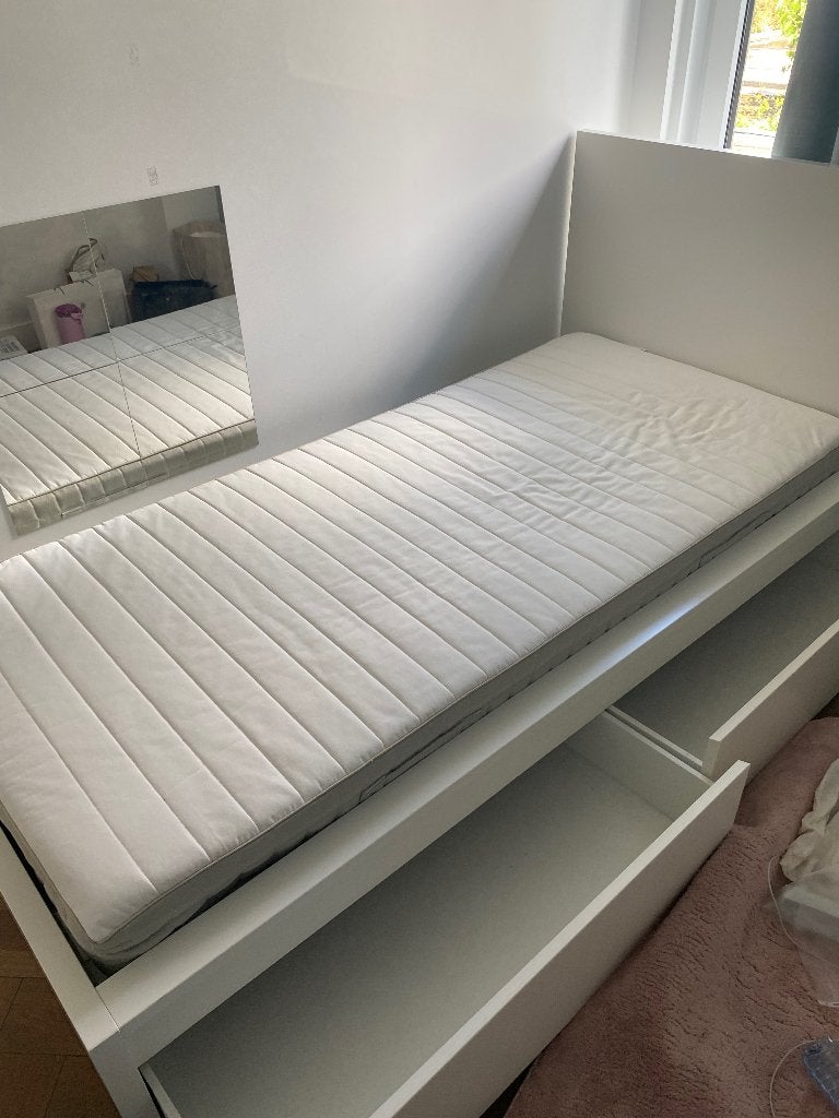Ikea Malm Eenpersoonsbed met opberglades-wit, Ophalen, Gebruikt, 90 cm, Eenpersoons