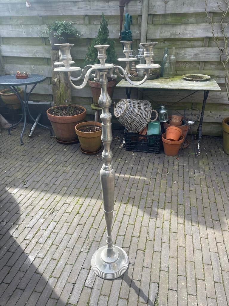 Grote zilverkleurige kandelaar met 5 armen, Antiek en Kunst, Antiek | Kandelaars, Overige materialen, Ophalen
