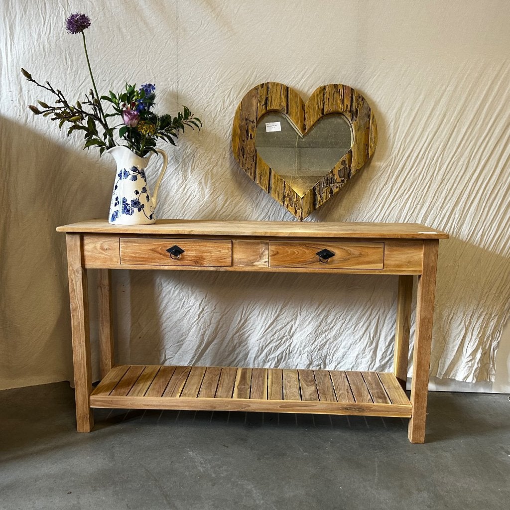 sidetable teak - 2 lades - 140 x 40 cm - Gratis bezorgd, TTM Wonen, Meubels – (Perzische) Tapijten en Woonaccessoires, 100 tot 150 cm