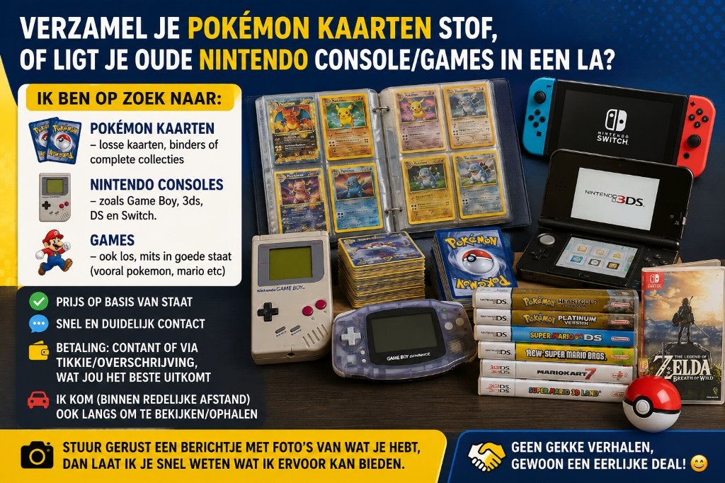 Pokémon kaarten & Nintendo consoles gezocht - snel geregeld, Spelcomputers en Games, Spelcomputers | Nintendo DS, Ophalen, Overige modellen