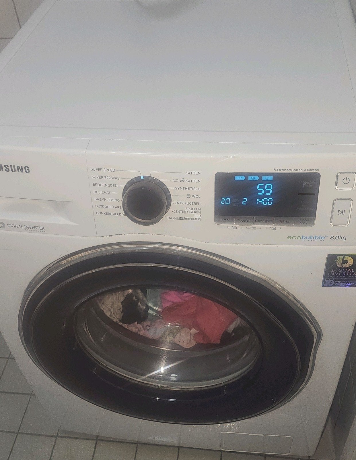 te koop Samsung EcoBubble 8 kg – werkt goed – manchet vervan, 6 tot 8 kg, Ophalen, 1200 tot 1600 toeren, 85 tot 90 cm