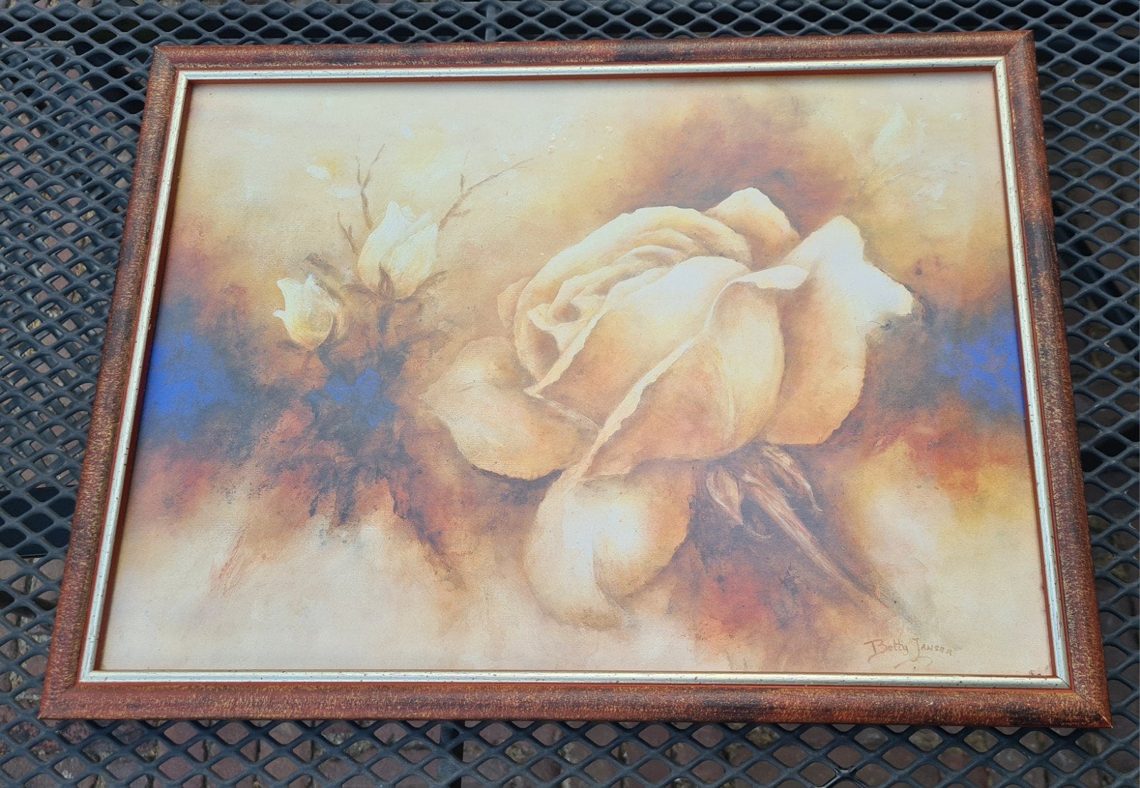 Schilderij Betty Jansen - Romantische Roos, Bloemen, Doek, Ophalen of Verzenden, Olieverf