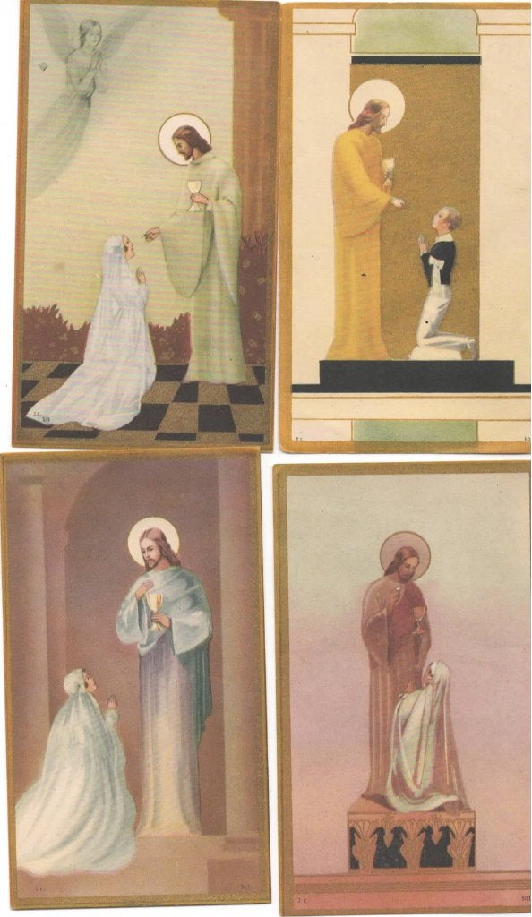4 prachtige oude communie Prentjes, Verzamelen, Religie, Verzenden, Gebruikt, Kaart of Prent, Christendom | Katholiek