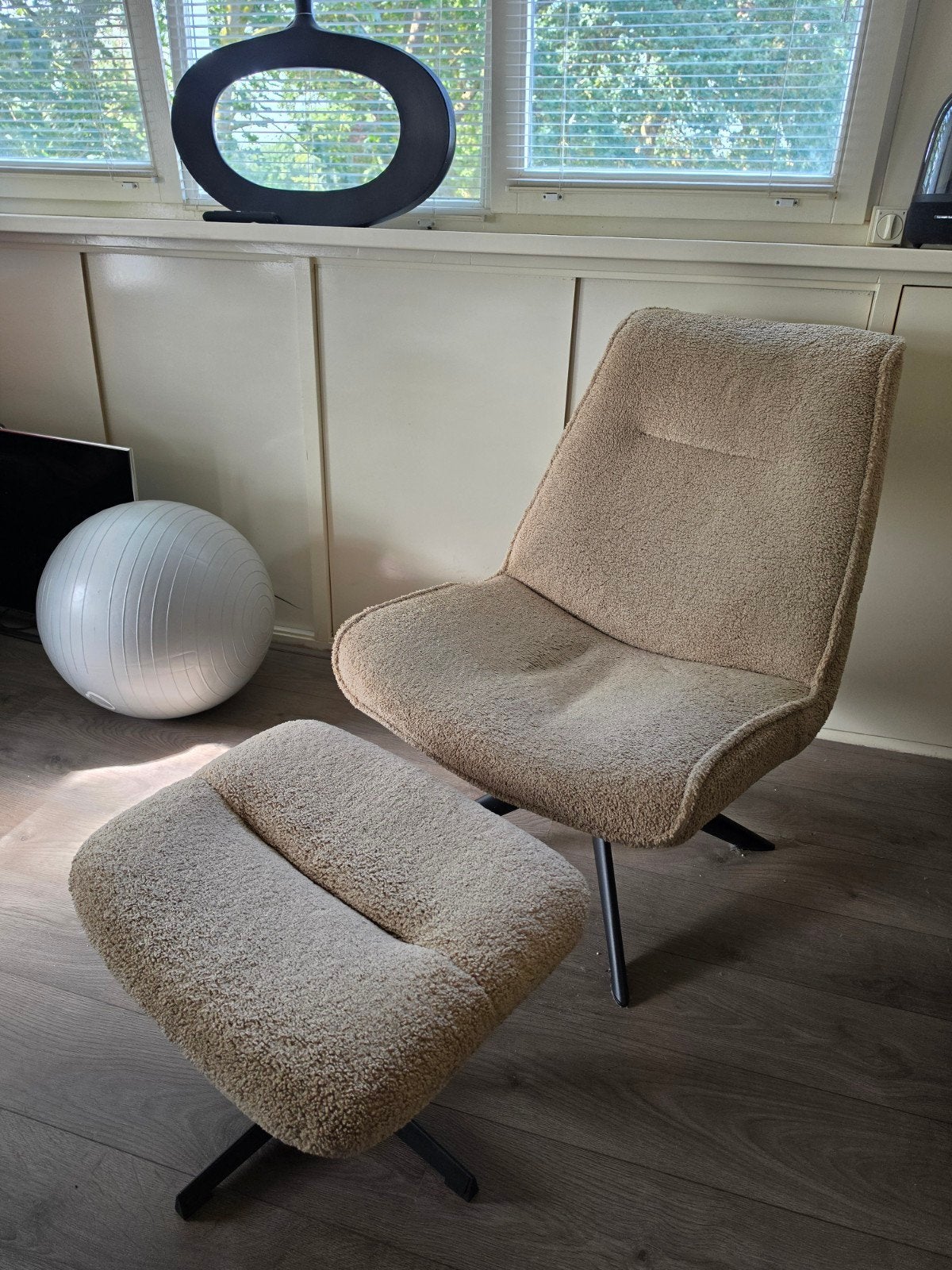 Lise fauteuil met voetenbank in teddy stof - Taupe, Ophalen, Gebruikt, Overige kleuren, Modern comfort