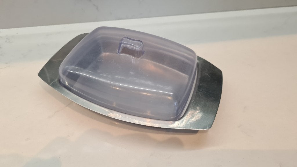 Botervloot vintage rvs/plastic, Gebruikt, Overige typen, Ophalen of Verzenden, Overige stijlen