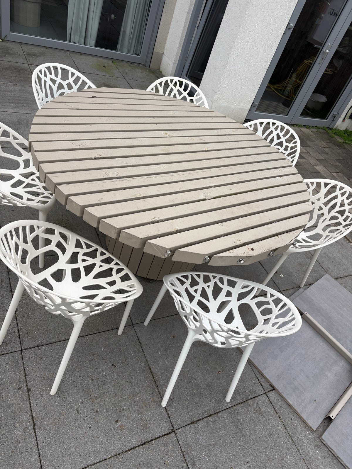 Ronde tuintafel met 6 stoelen, Gebruikt, Eettafel, 6 zitplaatsen, Ophalen of Verzenden