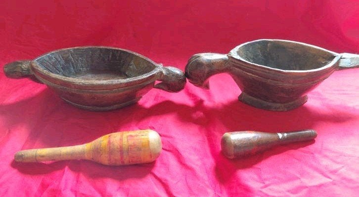 Antieke houten vijzels met stampers - Set van 2, Ophalen of Verzenden