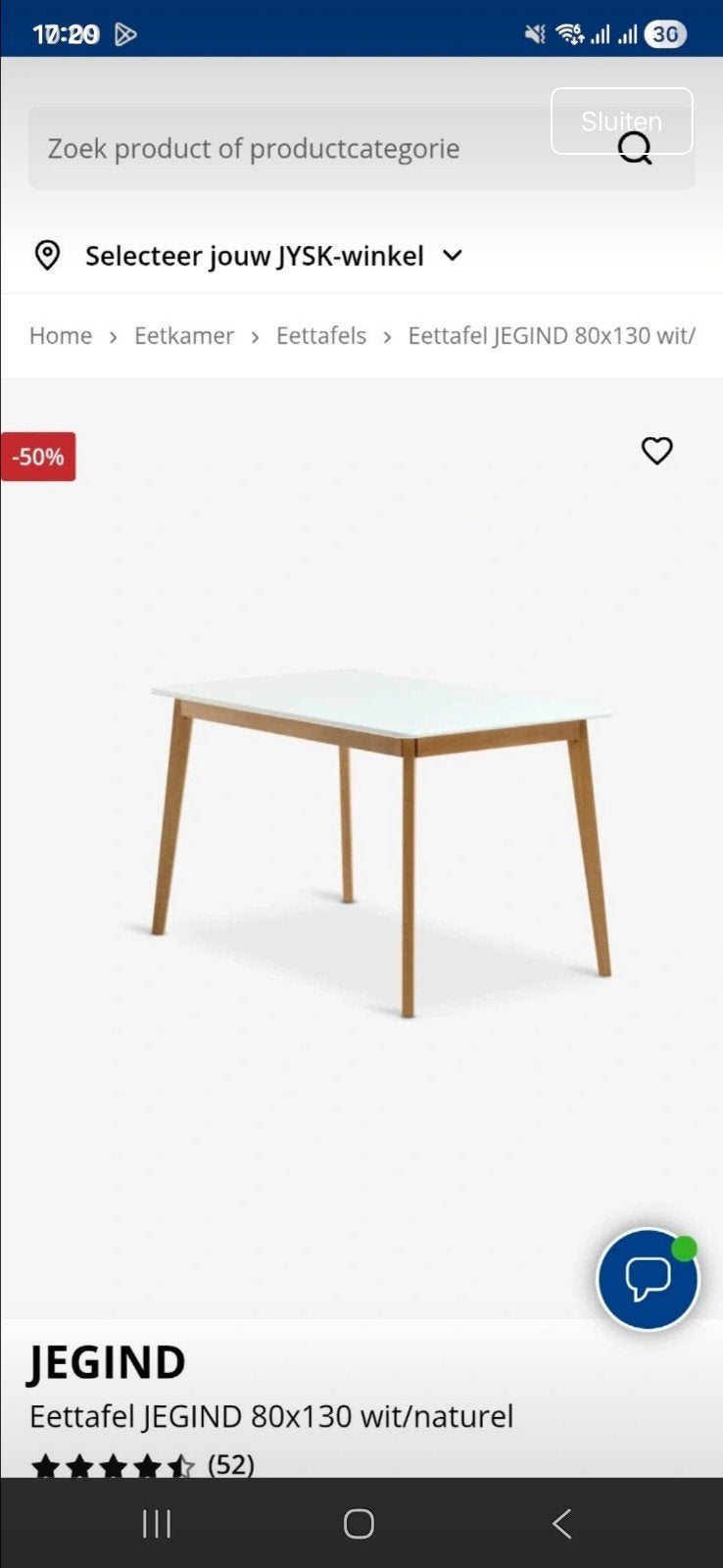 JYSK Eettafel JEGIND 80x130 wit/naturel - ongebruikt, Huis en Inrichting, Tafels | Eettafels, Ophalen of Verzenden, Vier personen