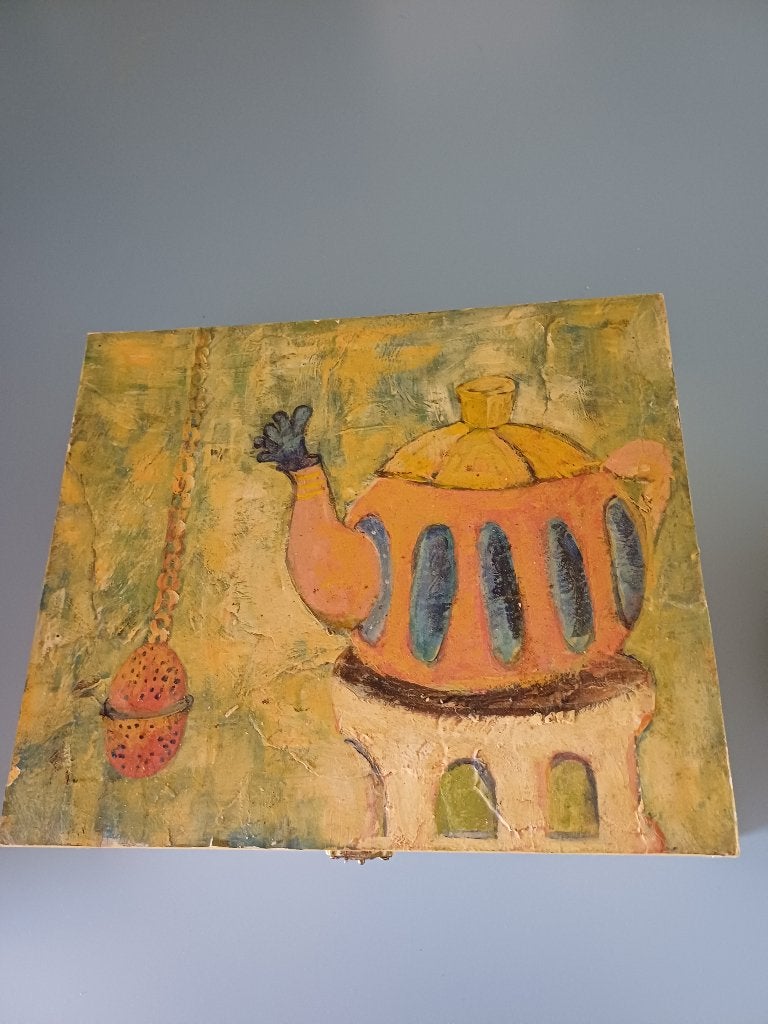 Grote theedoos hand beschilderd, Ophalen, Hout, Zo goed als nieuw, Meerkleurig