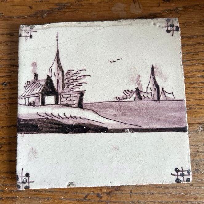 Antieke Tegel met  Landschap, Ophalen