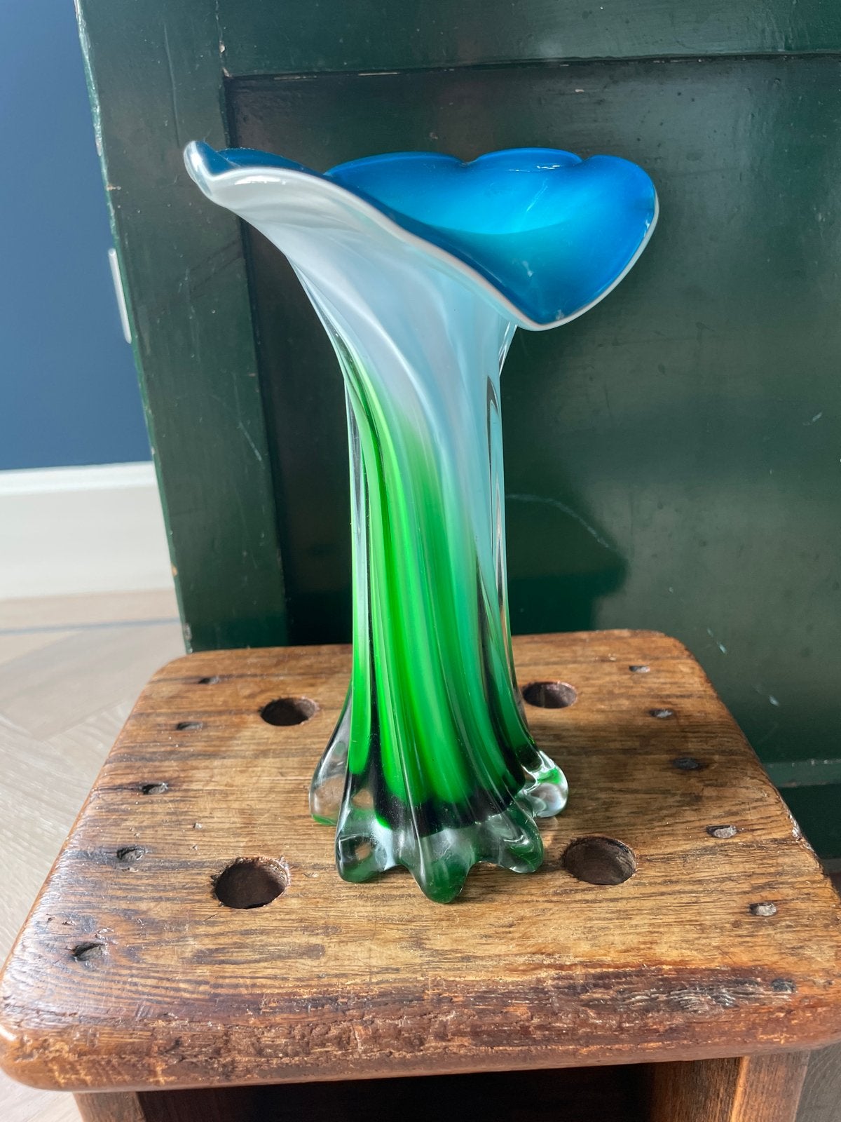 Vintage Murano Glas Calla Lelie Vaas - Blauw Groen, Ophalen of Verzenden