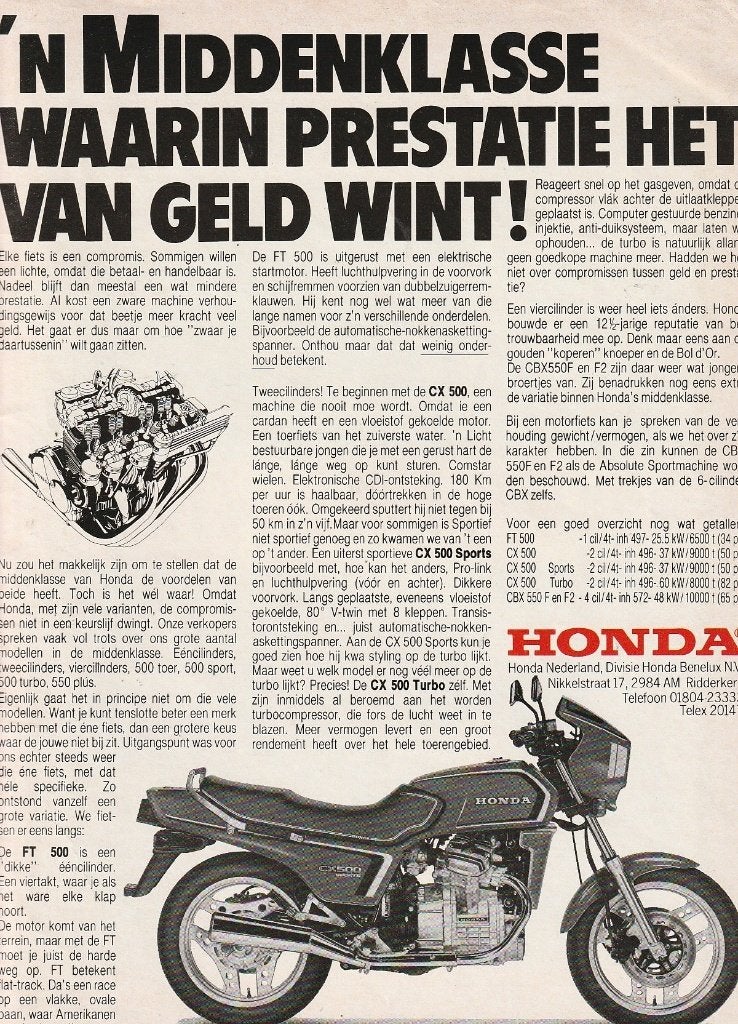 retro reclame 1982 Honda motor FT500 CX500 Turbo, Verzenden, Overige typen