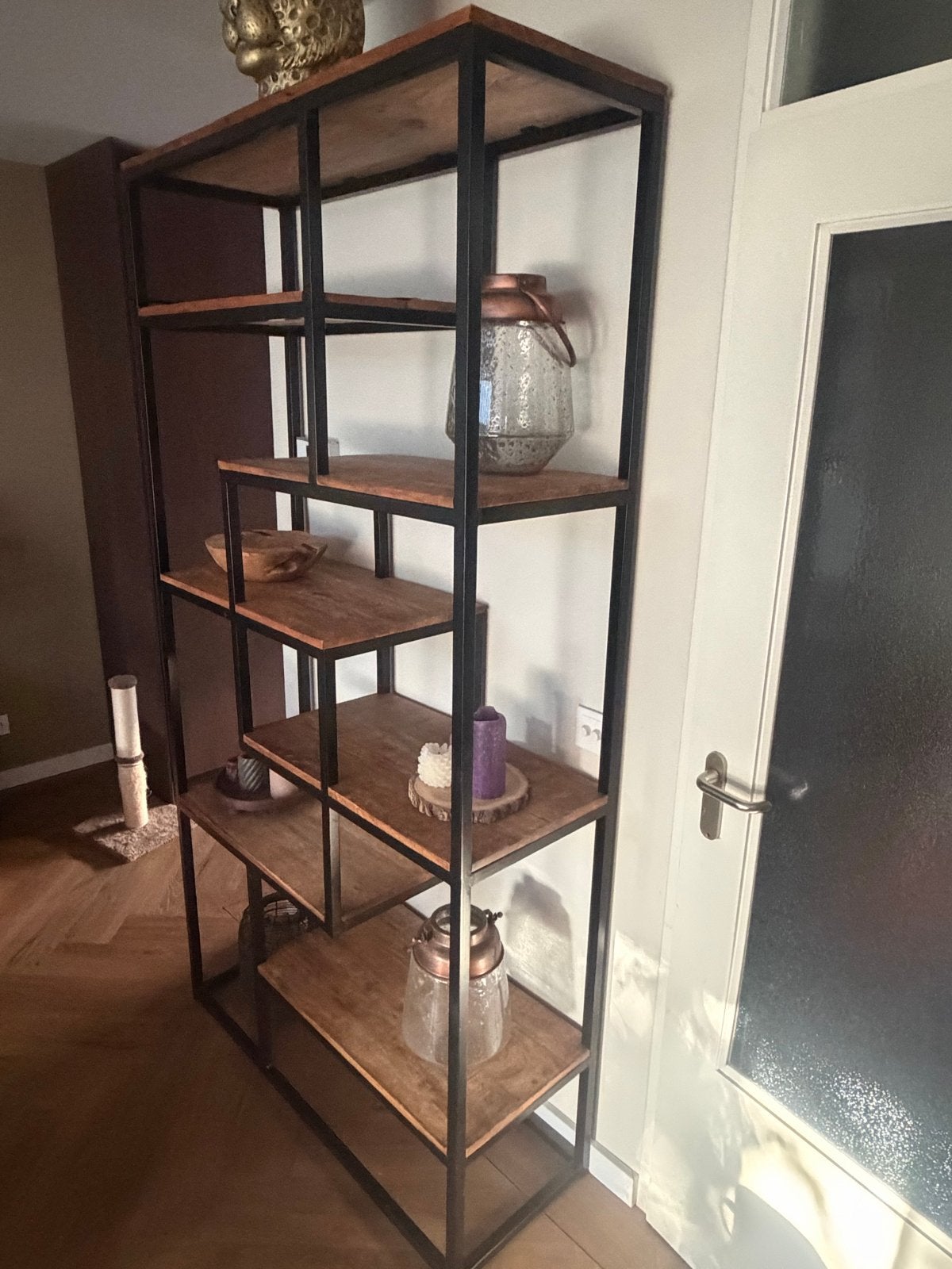 Stijlvolle Mango Vakkenkast met Zwart Frame - 210x110x40 cm, Huis en Inrichting, Kasten | Boekenkasten, Ophalen, Met plank(en)