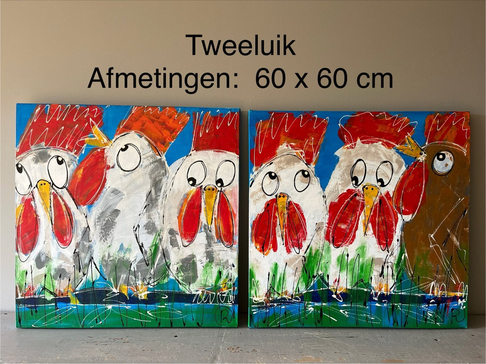 Tweedelig Schilderij: Vrolijke Kippen (60x60 cm), Antiek en Kunst, Ophalen, Acrylverf, Handgeschilderd, Dieren