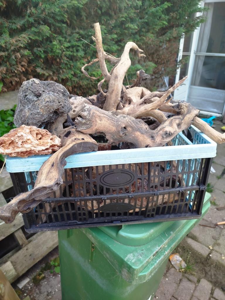 Krat vol aquarium decoratie, Ophalen, Plant(en), Steen of Hout