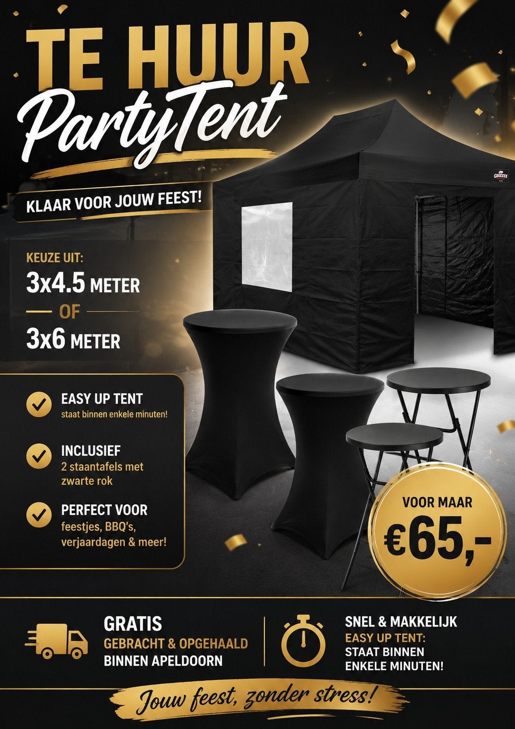 partytent huren met 2 staantafels €65,- per dag. Apeldoorn, Ophalen of Verzenden, Minder dan 5 meter