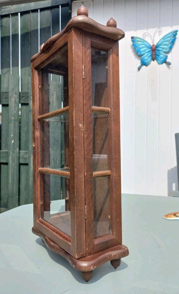 Vintage Houten Vitrinekastje met Glazen Plankjes, Ophalen of Verzenden