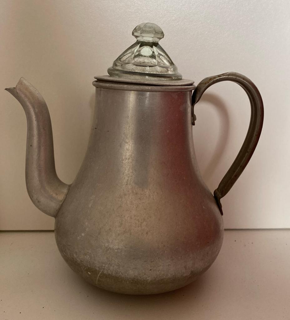Vintage aluminium theepot met glazen deksel, Ophalen of Verzenden