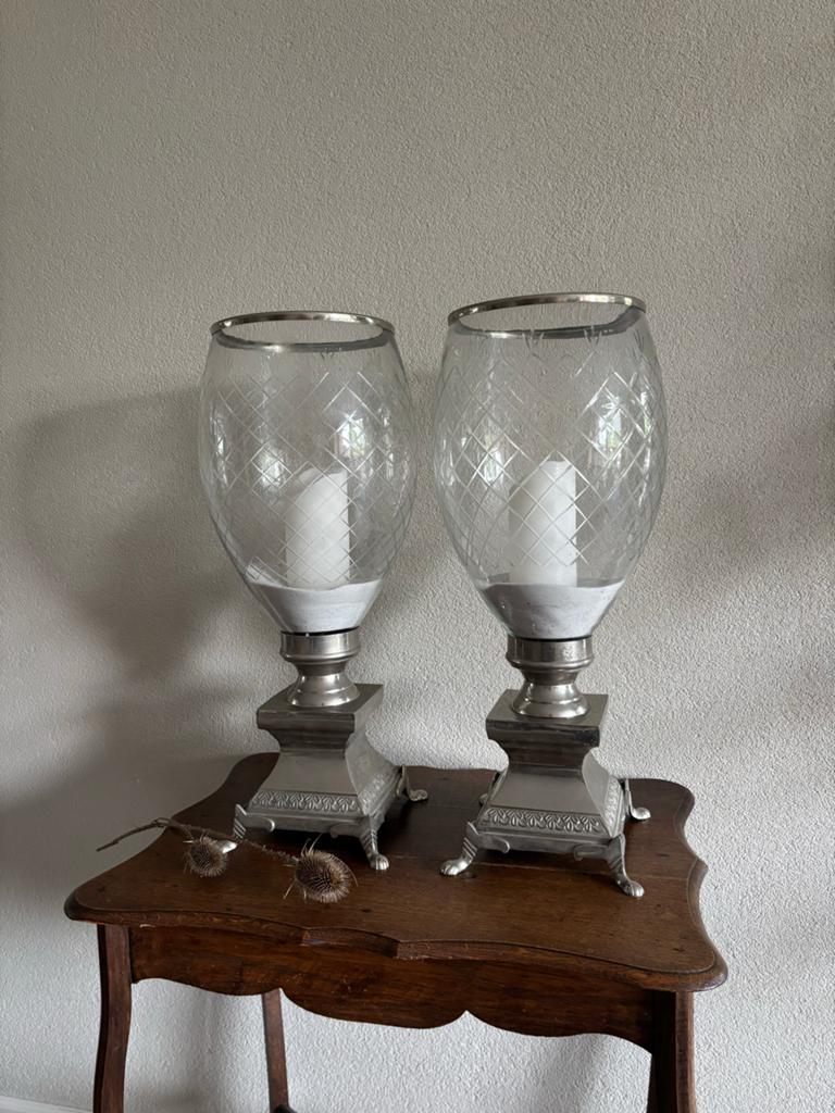 Luxe Windlichten met Ruitgeslepen Glas en Zilverkleurige Voe, Ophalen, Zo goed als nieuw