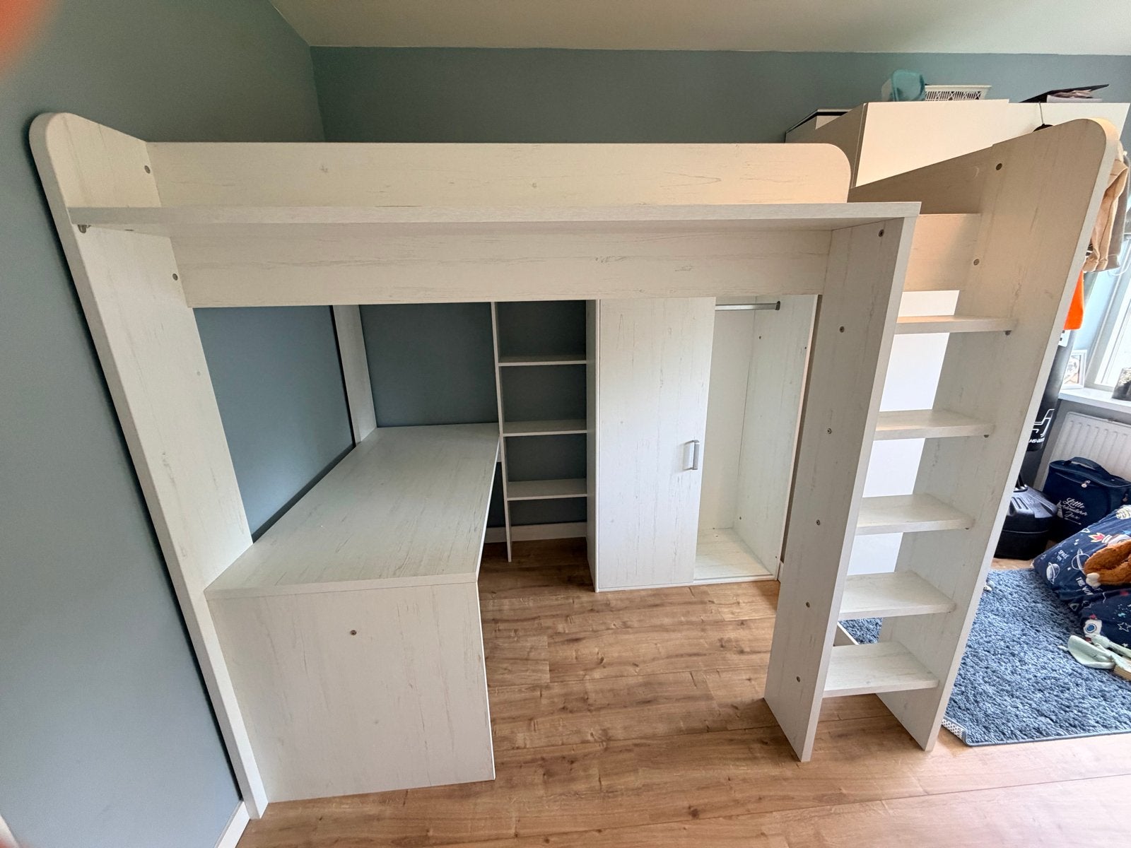Kinderbed/hoogslaper met bureau en kast - Wit, Huis en Inrichting, Ophalen, Gebruikt, Eenpersoons, 200 cm