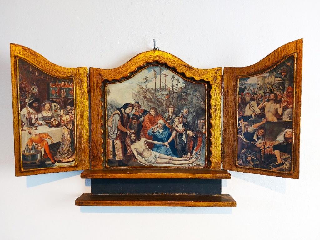Drieluik Icoon Altaar stuk Schrijnwerkerambacht Q. Massijs, Antiek en Kunst, Ophalen of Verzenden