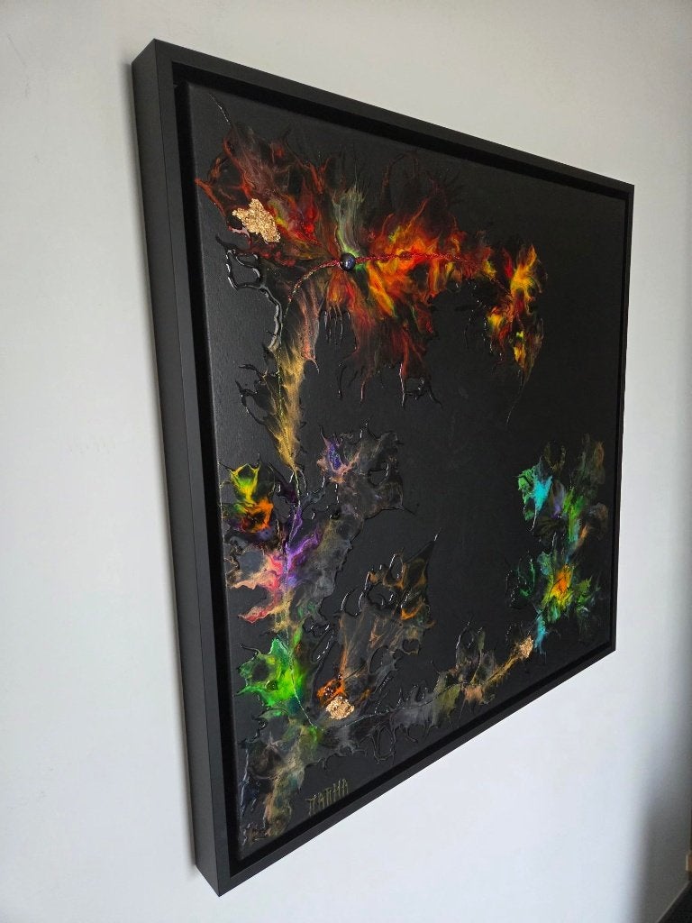 Origineel Werk MarHa (Marleen Haertjens) "Inferno" 85x85, Ophalen, Abstract, Gemengde techniek, Overige materialen