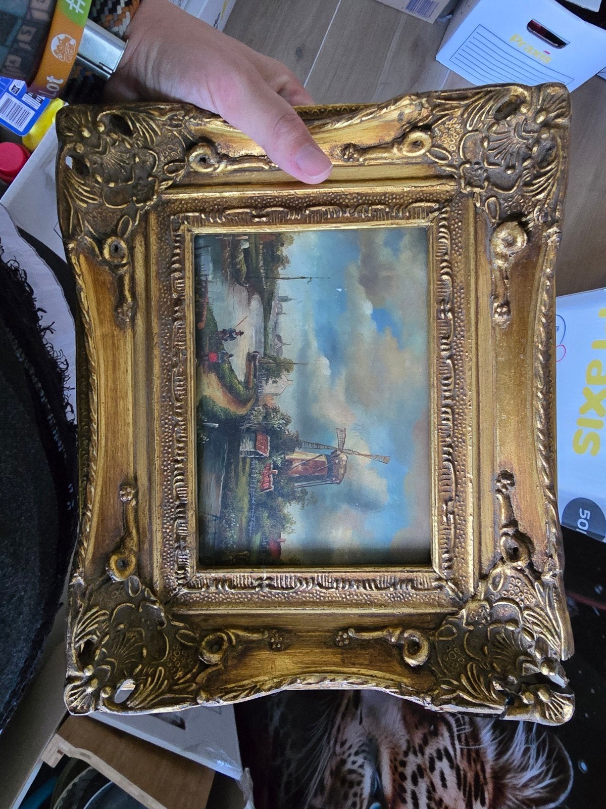 Oud Hollands Landschap Schilderij met Molen in Gouden Lijst, Ophalen of Verzenden