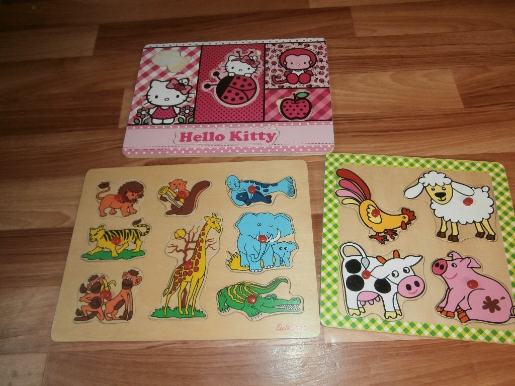 puzzel Hello Kitty safari dieren Eichhorn boerderij Hema, Ophalen of Verzenden, 10 tot 50 stukjes, Gebruikt, Van hout