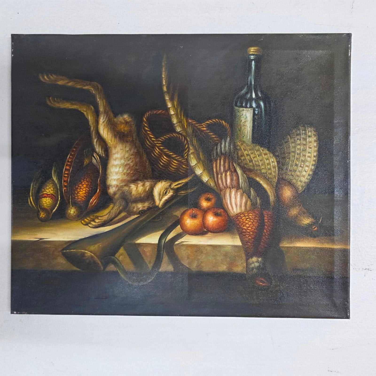 Klassiek stilleven met jachtbuit, olieverf op doek, 50x60cm, Ophalen of Verzenden