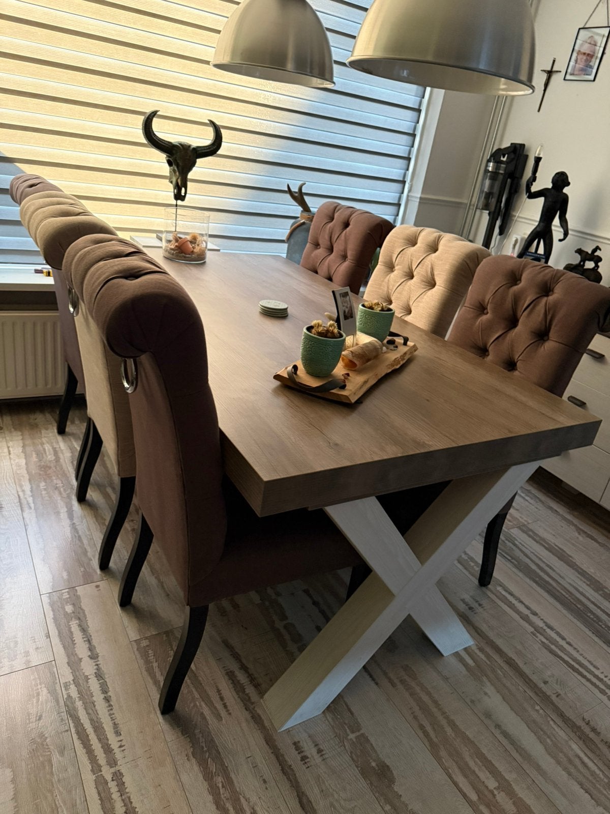 6 landelijke Rofra eetkamerstoelen bruin/cremé, Huis en Inrichting, Stoelen, Ophalen, Gebruikt, Overige kleuren, Landelijk