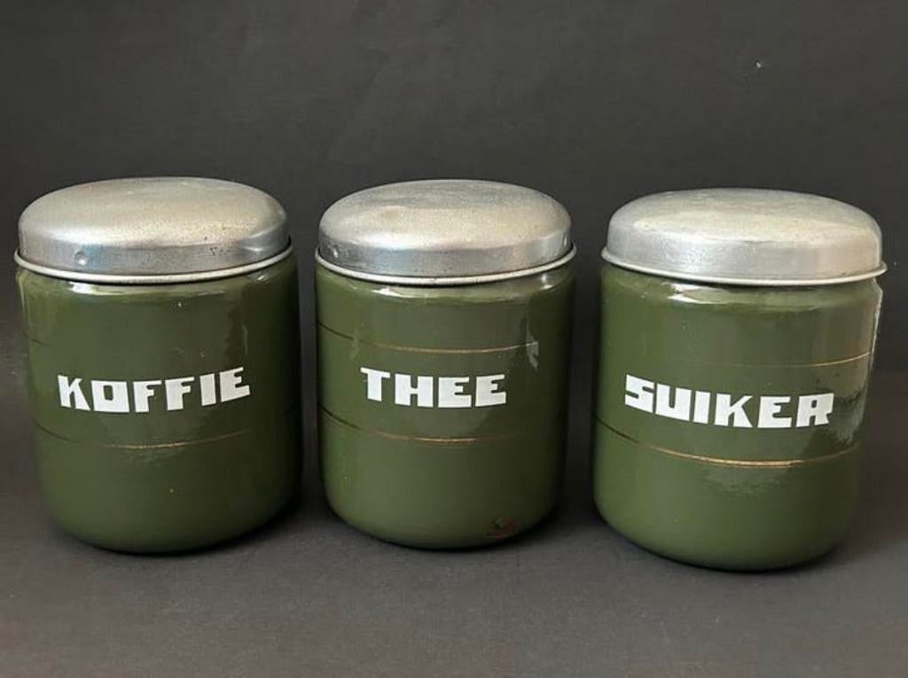 Donker Groene Emaille Koffie, Thee & Suiker Voorraadbussen, Antiek en Kunst, Antiek | Emaille, Ophalen of Verzenden