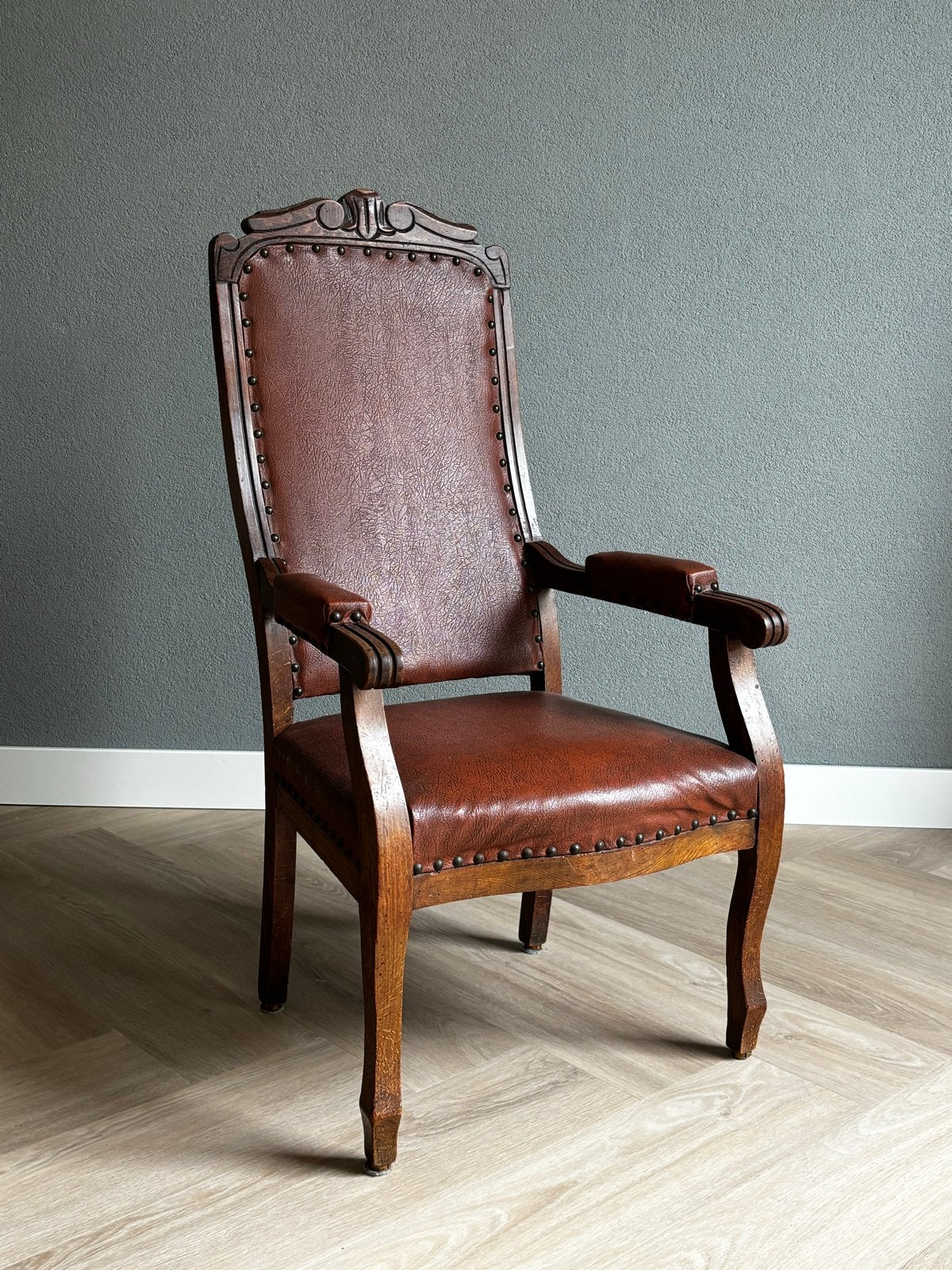Antieke Voltaire Kinderfauteuil - Eiken & Leer, Ophalen