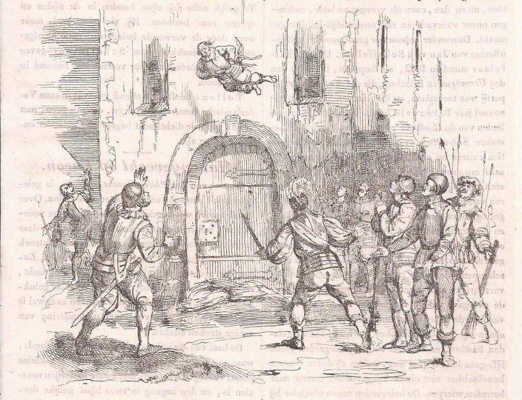 Barneveld. Jan van Schaffelaar springt van den toren te Barn, Antiek en Kunst, Militair, Ophalen of Verzenden, Voor 1600, Origineel