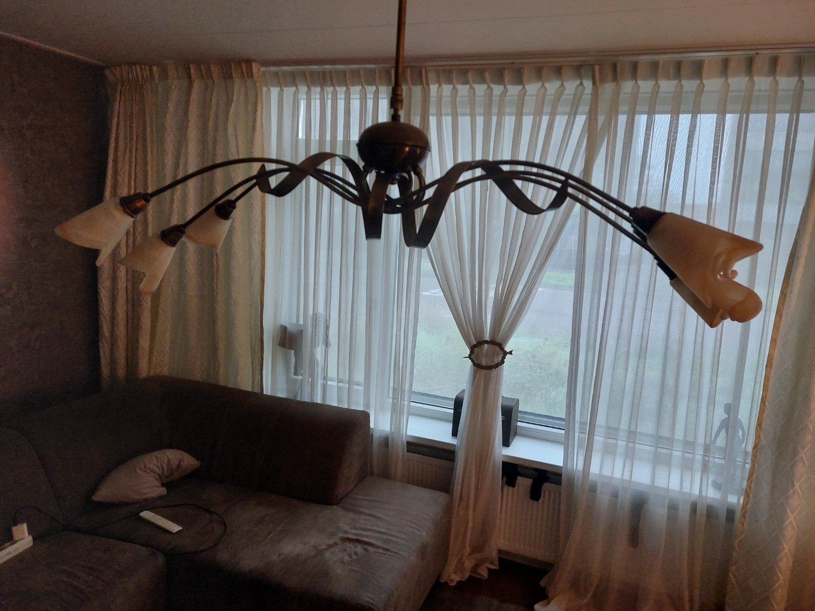 Unieke vintage hanglamp met 6 kelkjes, Gebruikt, Vintage, Klassiek, Retro, E14 (klein), Ophalen of Verzenden