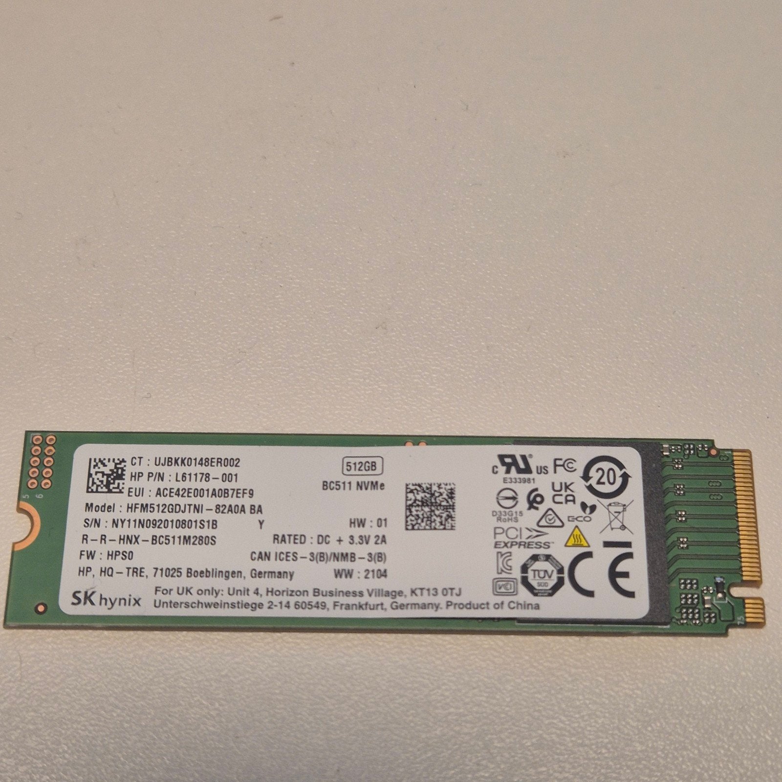 SK Hynix BC511 512gb Nvme SSD 2280, Intern, Gebruikt, Verzenden, 512GB