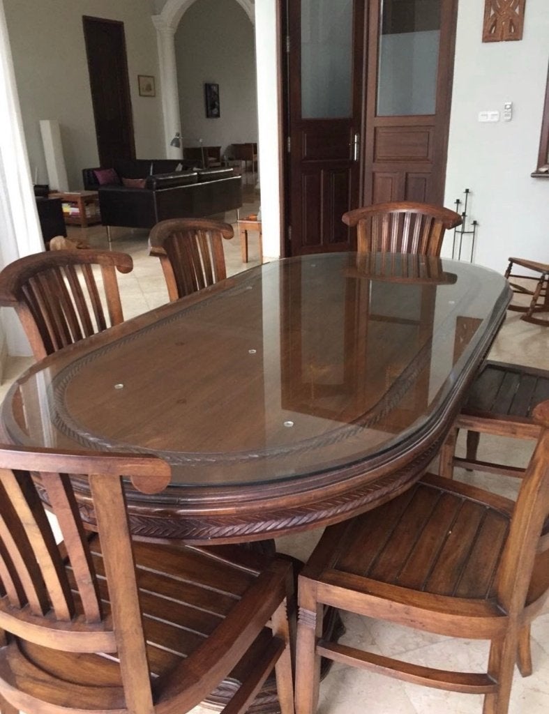 Massief Indonesisch hardhouten eettafel+6 stoelen-200x100cm, Ophalen, Gebruikt, Koloniaal klassiek/oosters, 200 cm of meer