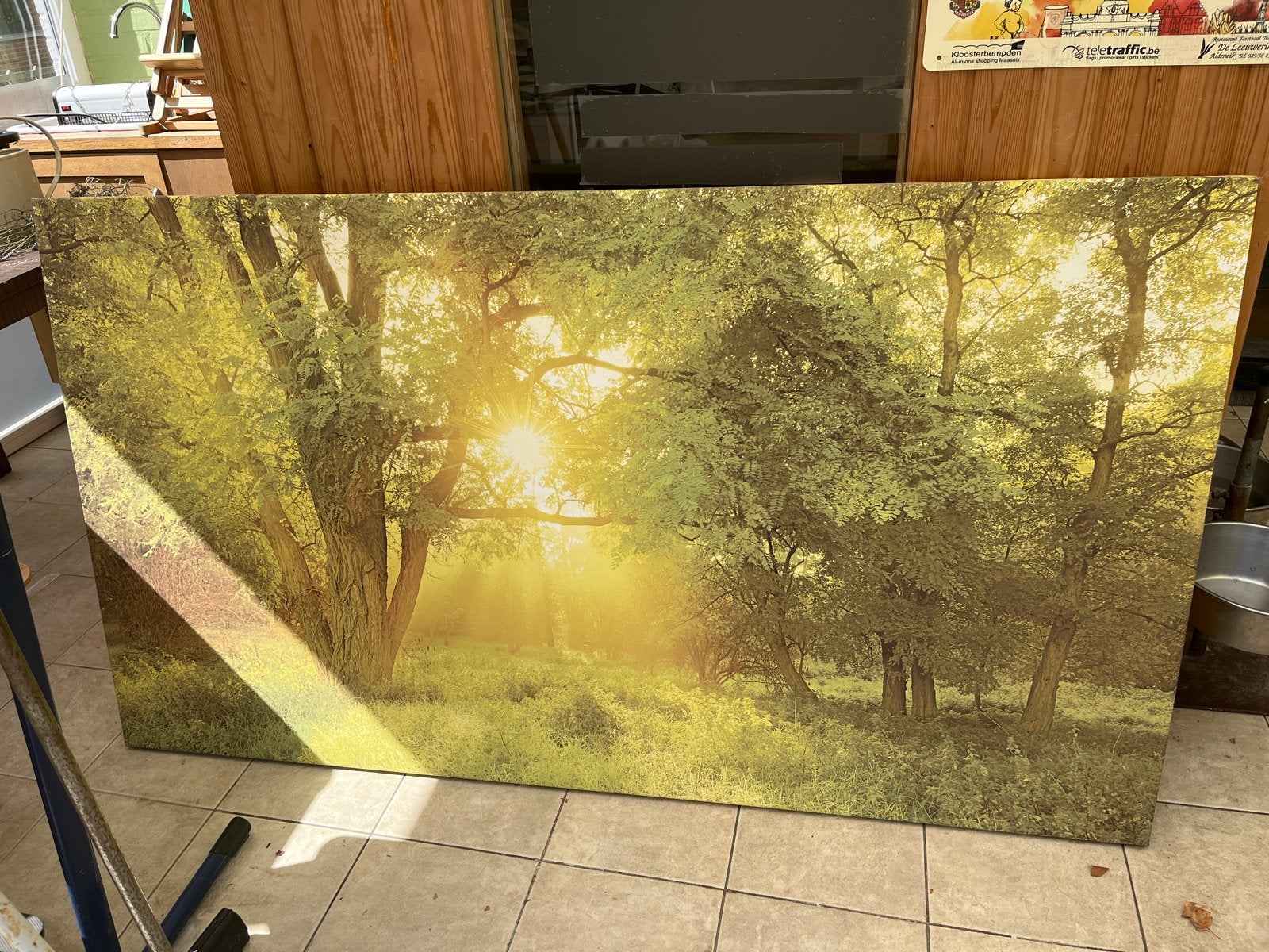 Groot Canvas Schilderij: Zonsopgang in het Bos (100x180cm), Ophalen, Gebruikt, 125 cm of meer, Schilderij