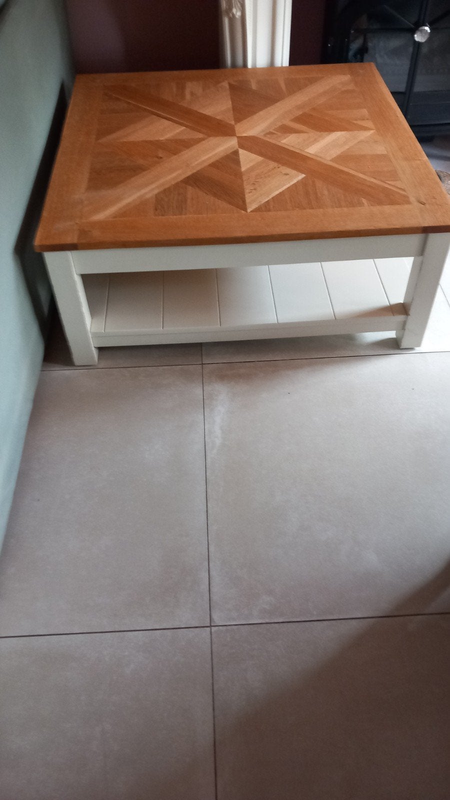 Salontafel met massief eiken blad., Huis en Inrichting, Tafels | Salontafels, Ophalen, Glas, Gebruikt, 100 tot 150 cm