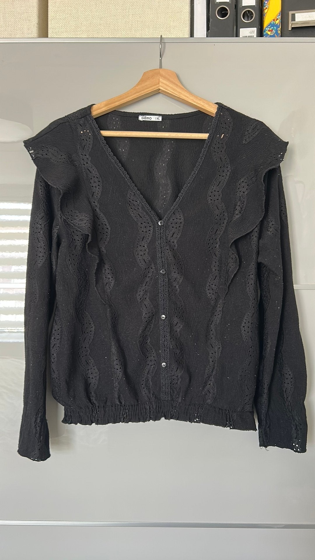 Zwarte blouse dames maat XL Gemo met franjes en broderie, Zwart, Maat 46/48 (XL) of groter, Ophalen of Verzenden, Lange mouw