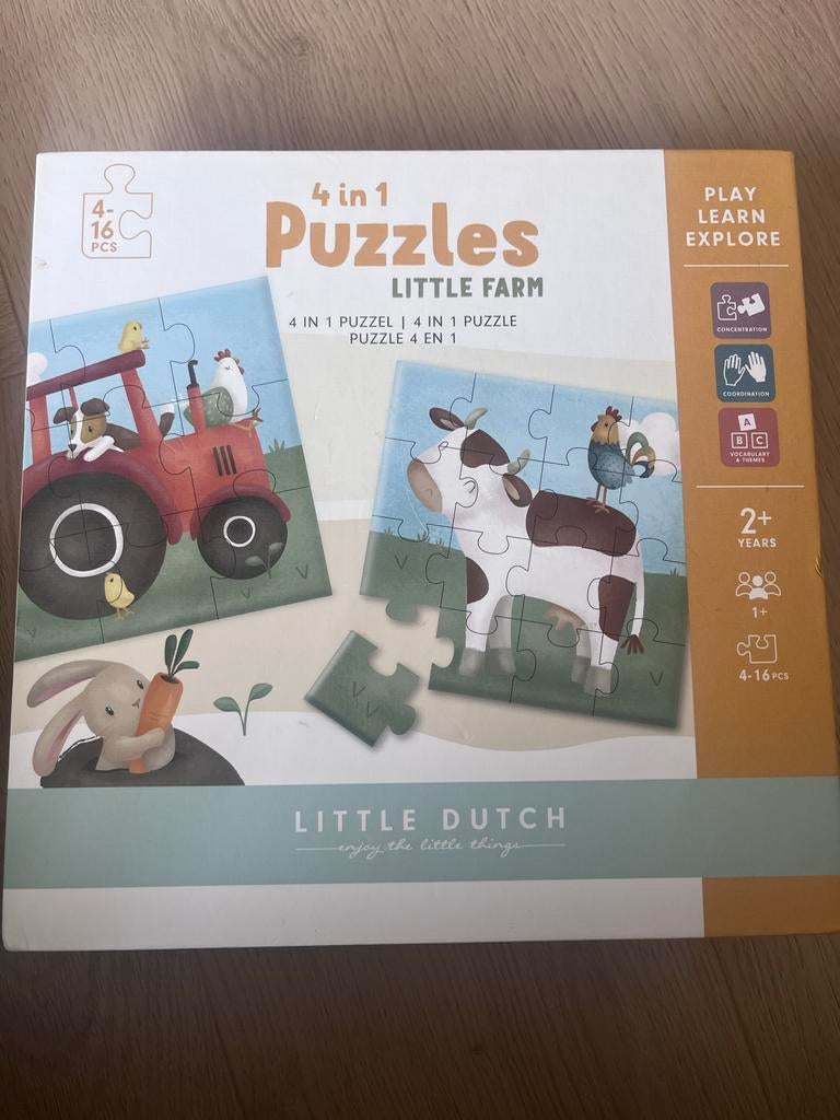 Little Dutch 4-in-1 Puzzel - Little Farm, Ophalen, 10 tot 50 stukjes, Nieuw, 2 tot 4 jaar