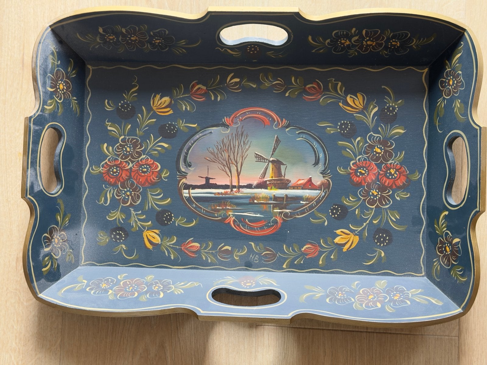 Antiek Hindelooper dienblad, handgeschilderd, 50x35 cm, Ophalen of Verzenden