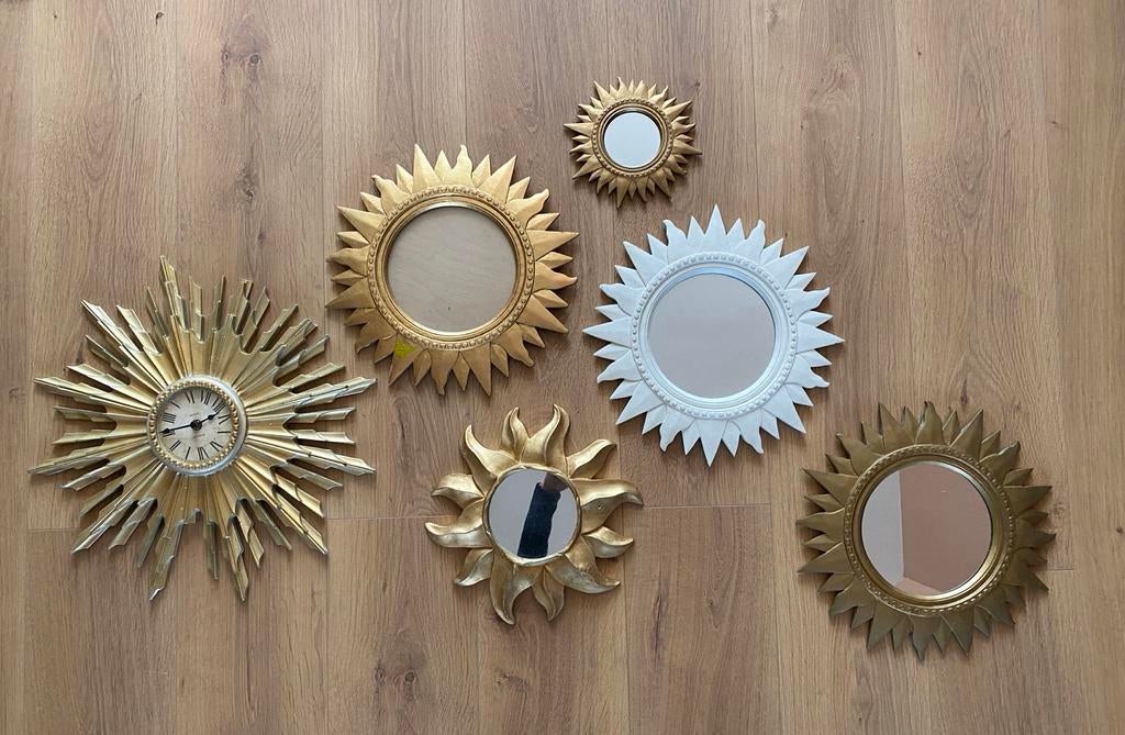 Wanddecoratie: zonnespiegels en klok, Ophalen, Gebruikt, Vintage, Decoratieobject