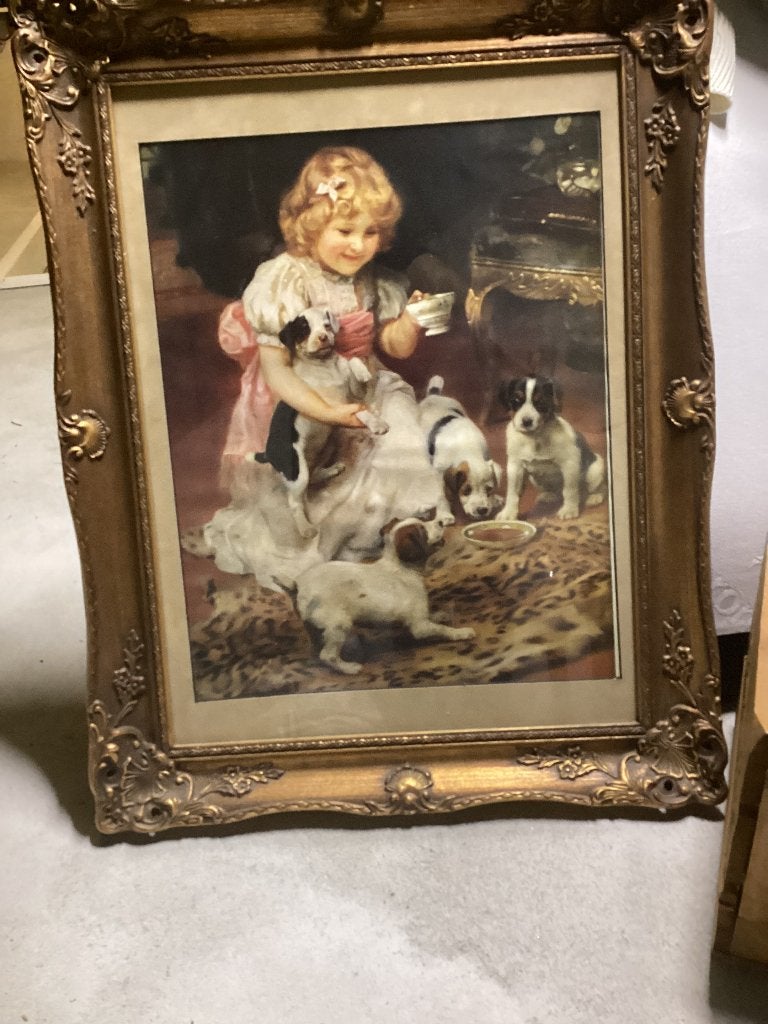 Landelijk schilderij met gouden lijst - Meisje met puppy's, Ophalen, Klassiek, Bijzondere lijst, Dieren