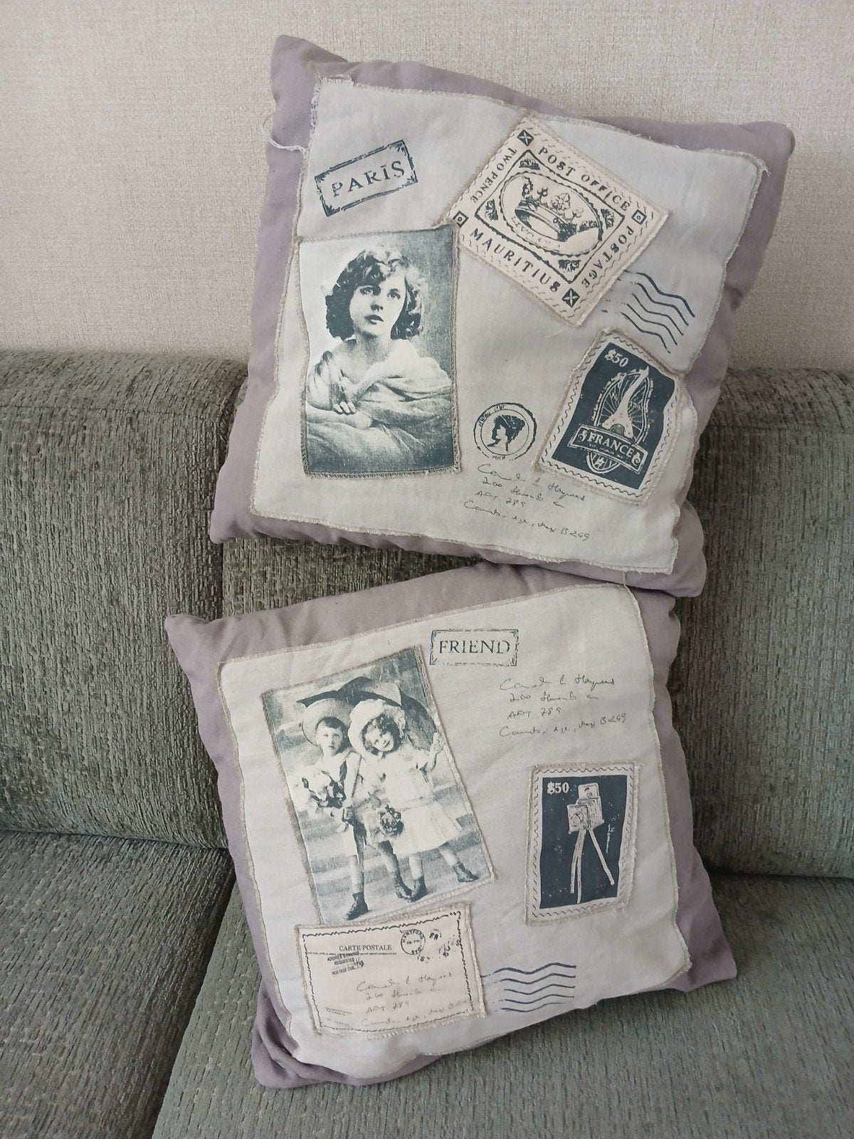 twee grijze kussens/woonkussens "postzegel"/decoratief, Ophalen of Verzenden, Gebruikt, Grijs, Vierkant