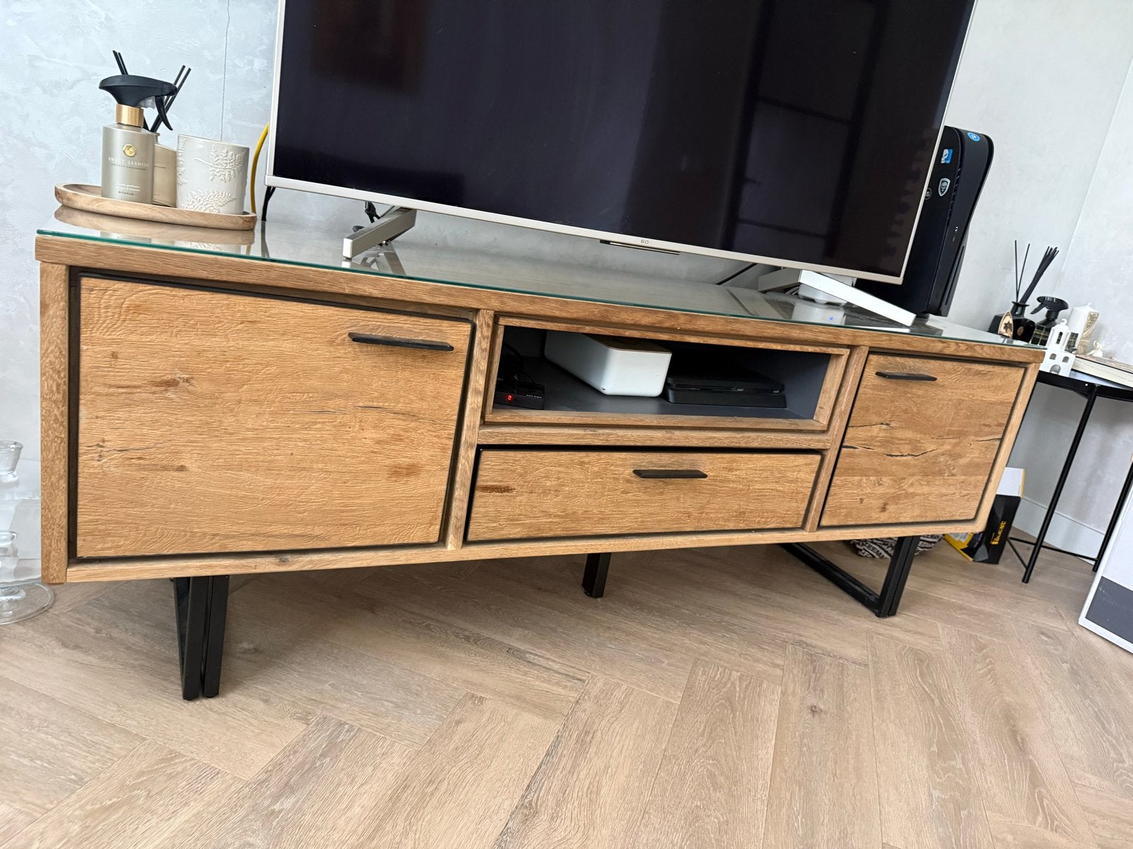 Complete Eikenhout Meubelset: TV-kast, Hoogkast en Eettafel, Ophalen, Eikenhout, Zo goed als nieuw, 150 tot 200 cm